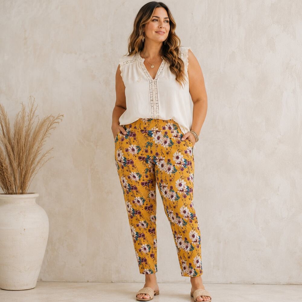 Cato Mid Rise Ankle Pull on‎ Stretch Pants Yellow with Flowers Size 12
